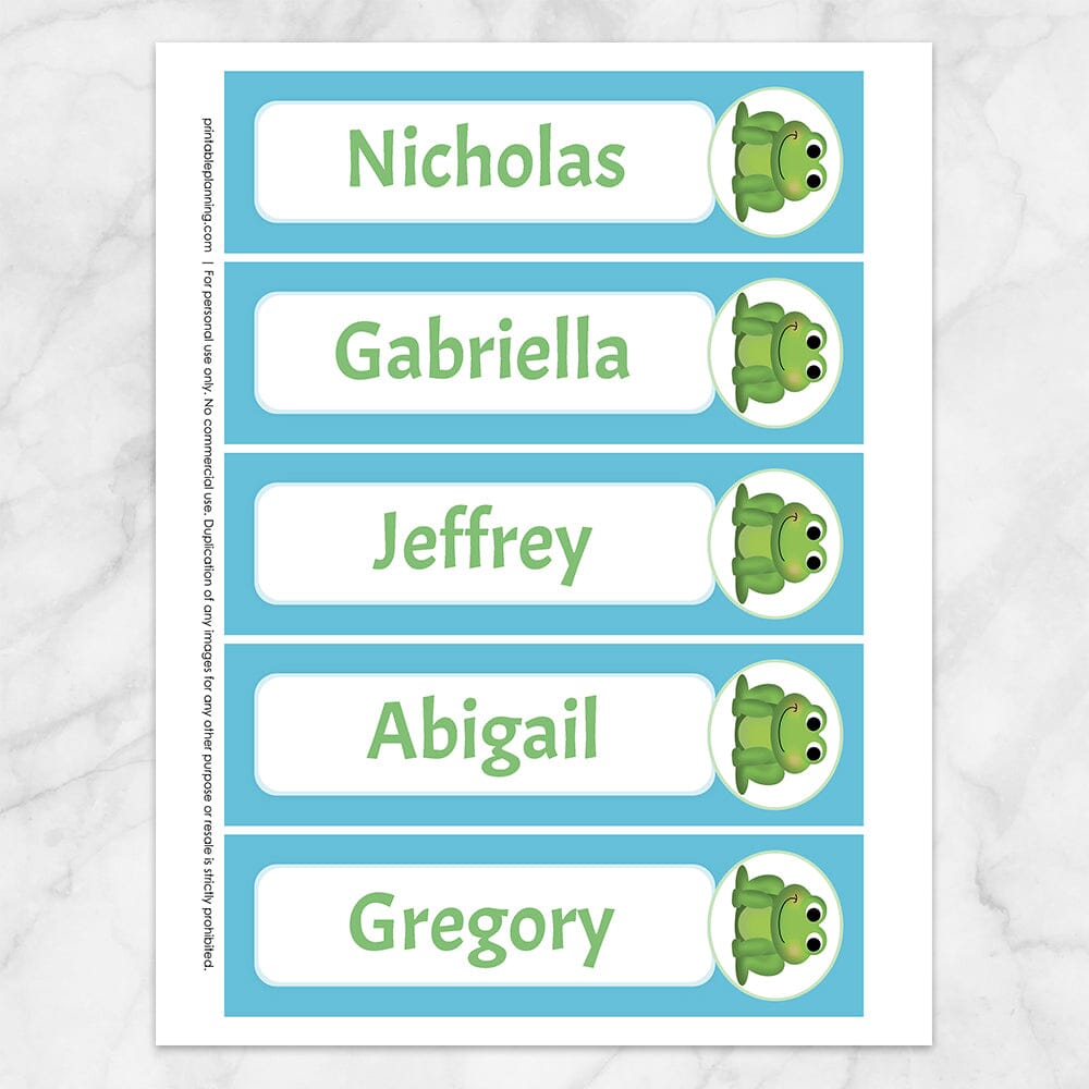Printable Personalized Adorable Frog Bookmarks with a blue background color at Printable Planning.