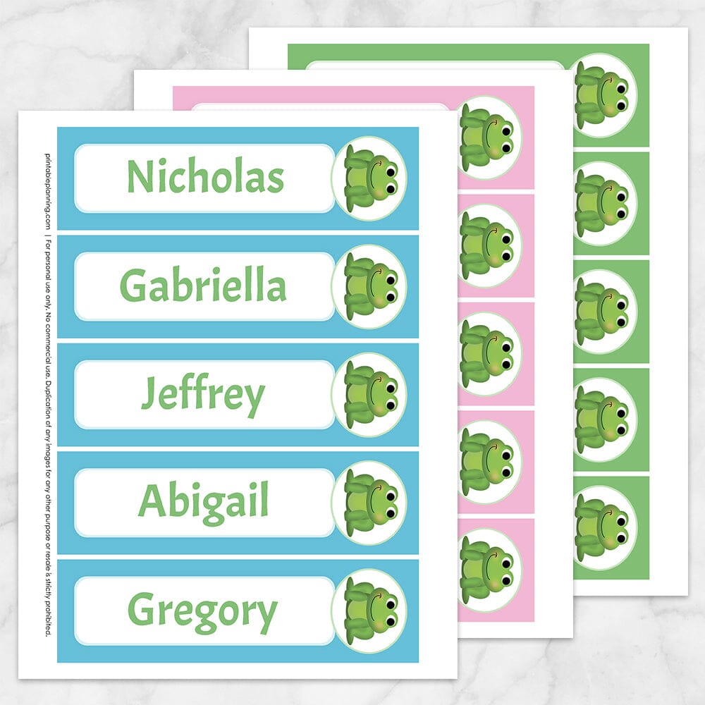 Printable BUNDLE of Personalized Adorable Frog Bookmarks at Printable Planning. Shows 3 pages with blue, pink, or green background colors.
