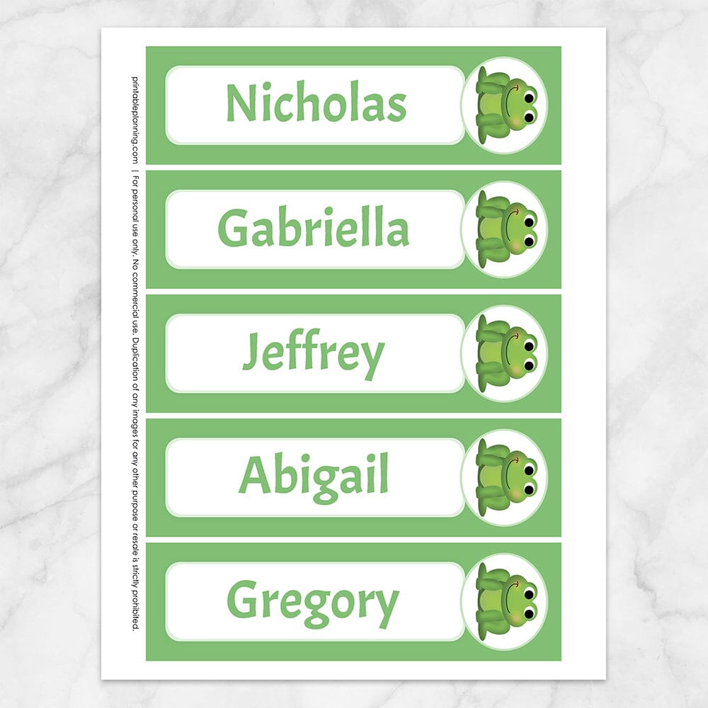 Printable Personalized Adorable Frog Bookmarks with a green background color at Printable Planning.