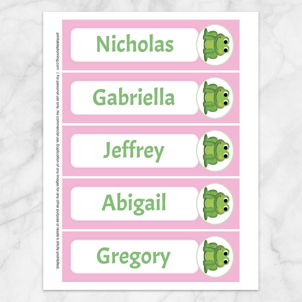 Printable Personalized Adorable Frog Bookmarks with a pink background color at Printable Planning.