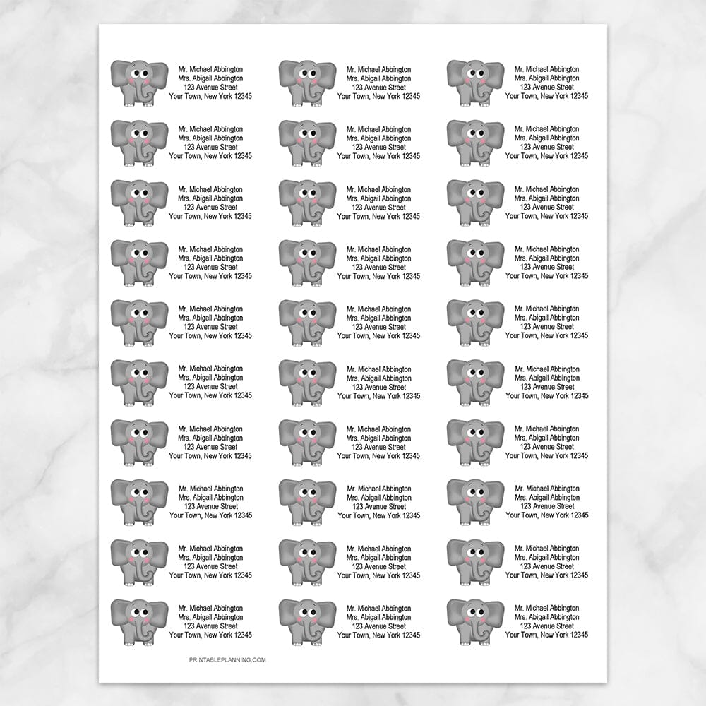 Printable Adorable Gray Elephant Address Labels at Printable Planning. Sheet of 30 labels.