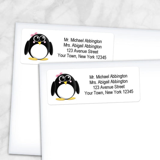 Printable Adorable Little Girl Penguin Address Labels at Printable Planning. Shown on envelopes.