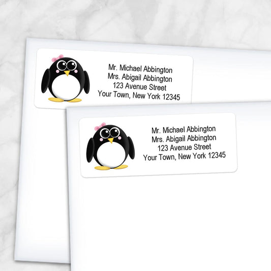 Printable Adorable Little Girl Penguin Address Labels at Printable Planning. Shown on envelopes.