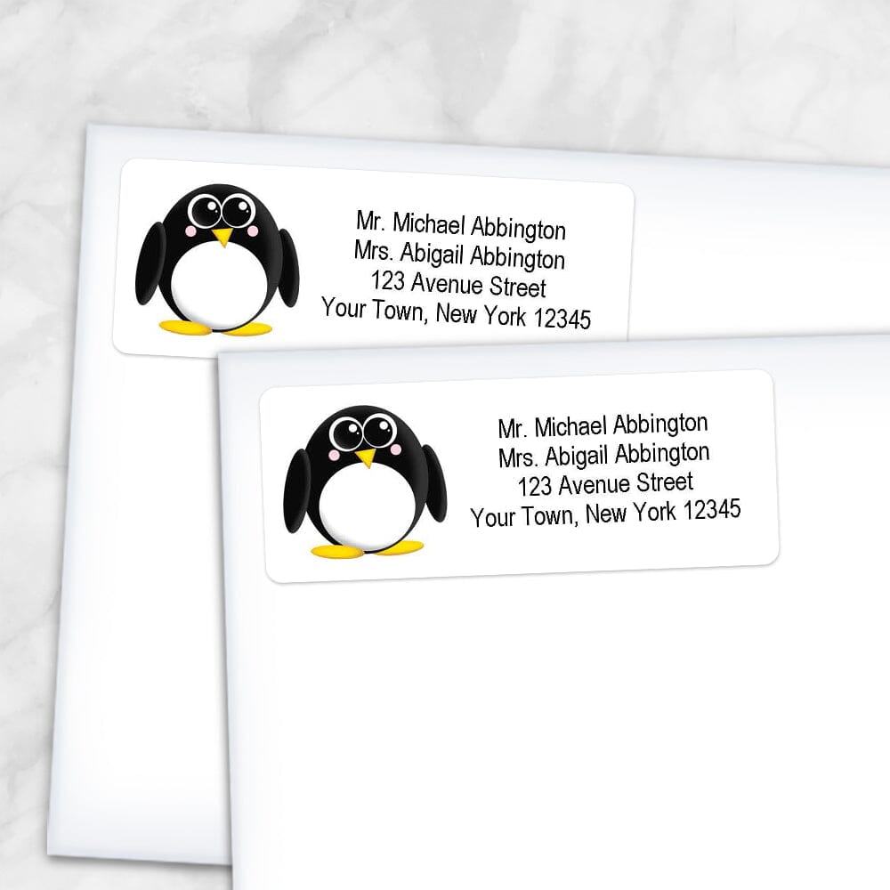 Printable Adorable Little Penguin Address Labels at Printable Planning. Shown on envelopes.