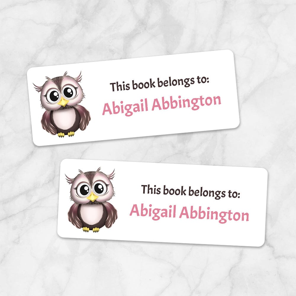 Printable Adorable Owl Bookplate Labels for Name Labeling Books at Printable Planning. Example of 2 labels.