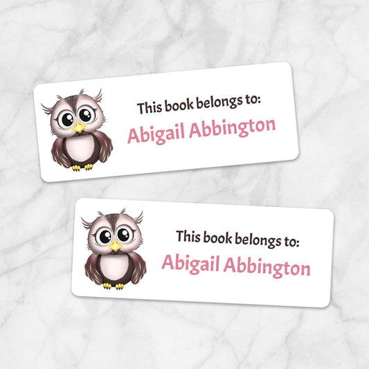 Printable Adorable Owl Bookplate Labels for Name Labeling Books at Printable Planning. Example of 2 labels.