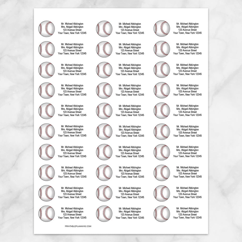 Printable Athletic Sports Baseball Address Labels at Printable Planning. Sheet with 30 labels.