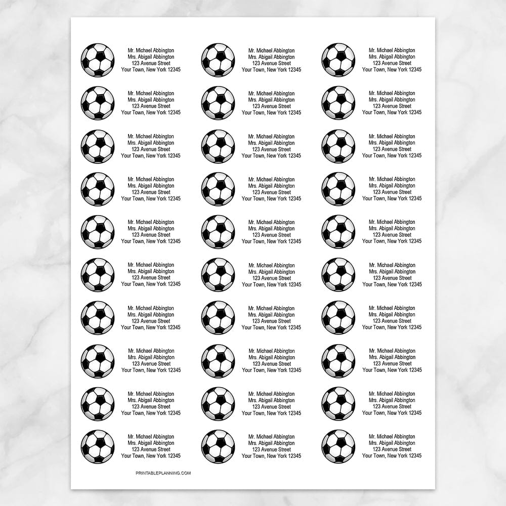 Printable Athletic Sports Soccer Ball Address Labels at Printable Planning. Sheet of 30 labels.