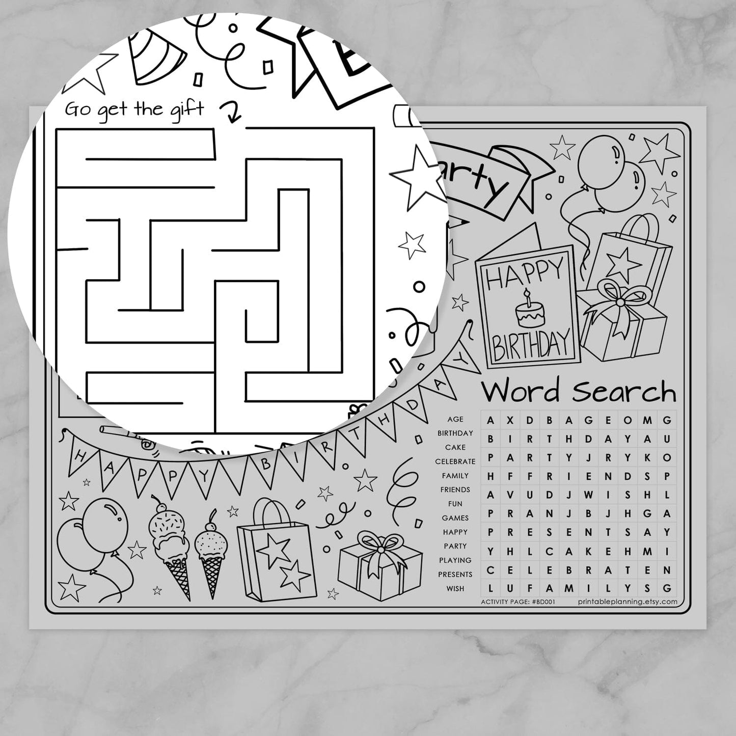 Birthday-themed activity page with maze, word search, and coloring sections. Zoomed in on the maze.