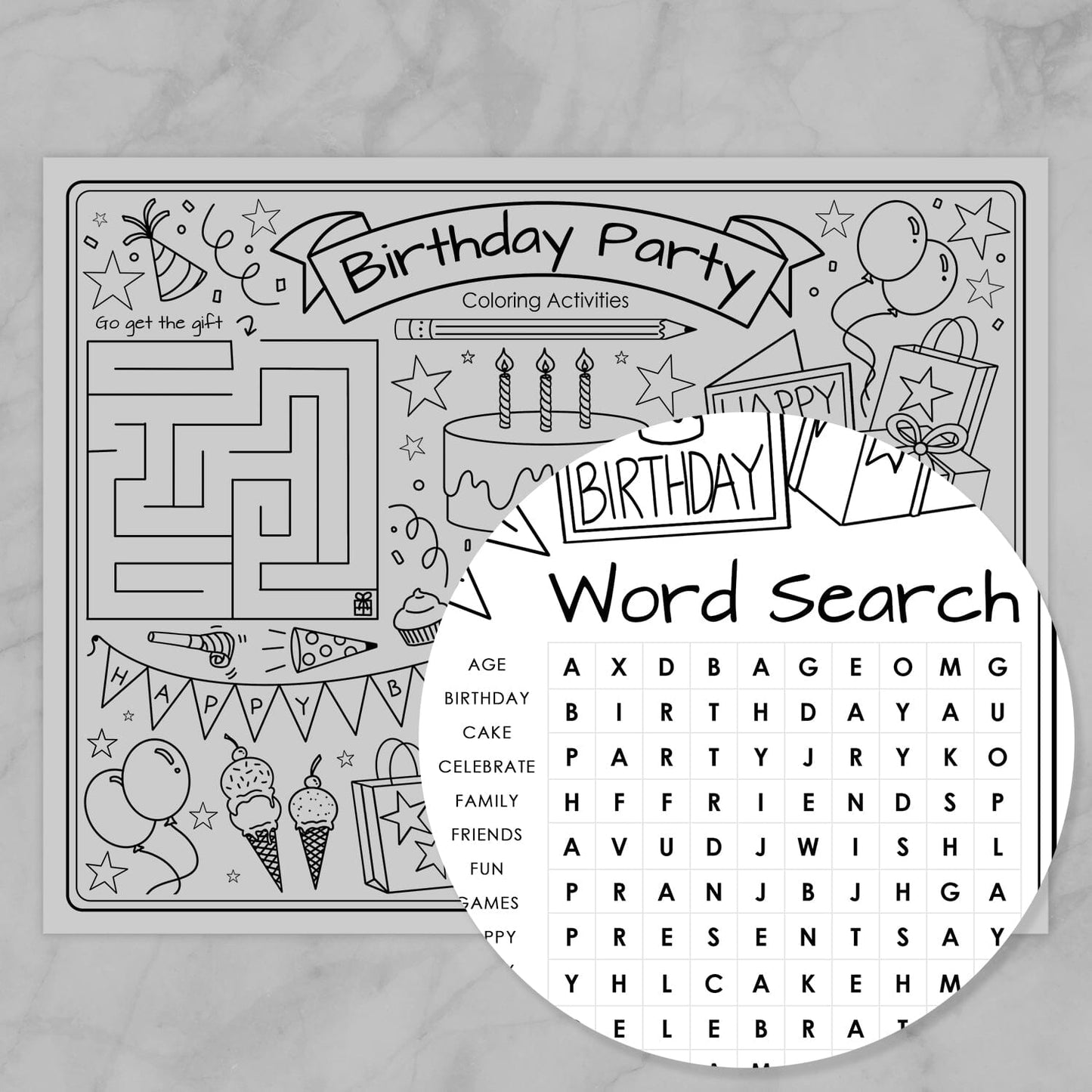 Birthday party coloring page with maze, word search, and illustrations. Zoomed in on the word search.