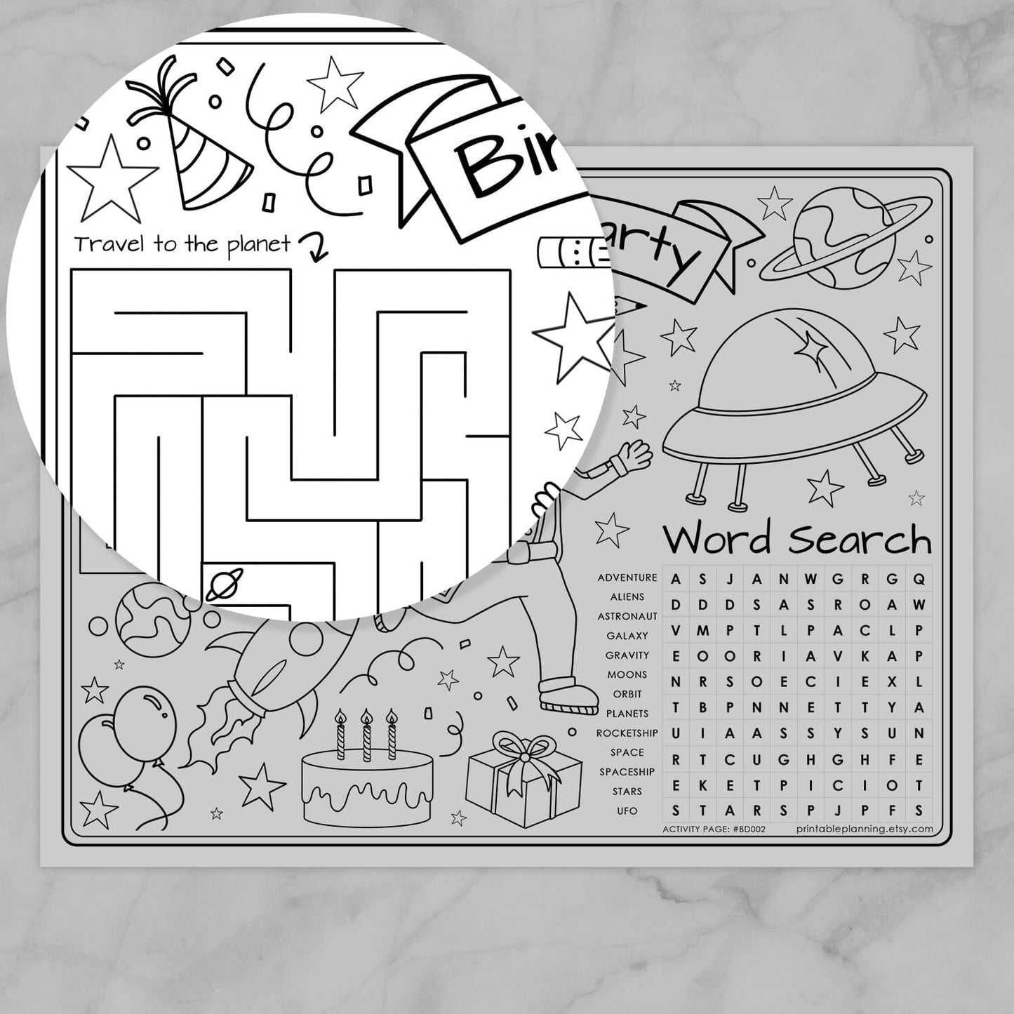 Birthday-themed activity sheet with maze, word search, and coloring sections.