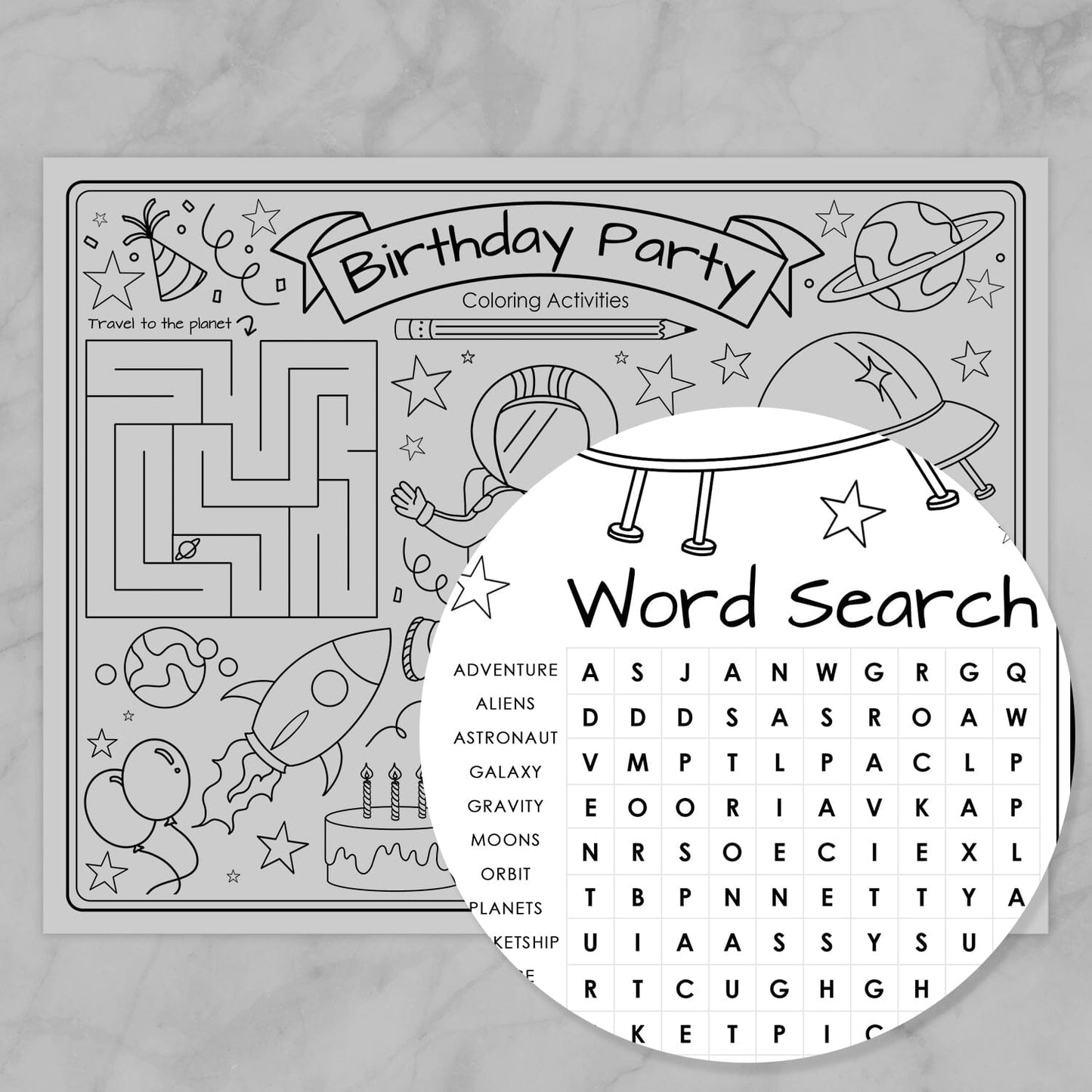 Space-themed birthday party coloring page with maze, word search, and illustrations.