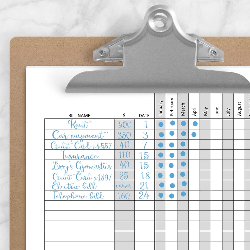 Printable Bill Payment Tracker Log with Amount Column - Full Year at Printable Planning. Example of form on clipboard with writing. 