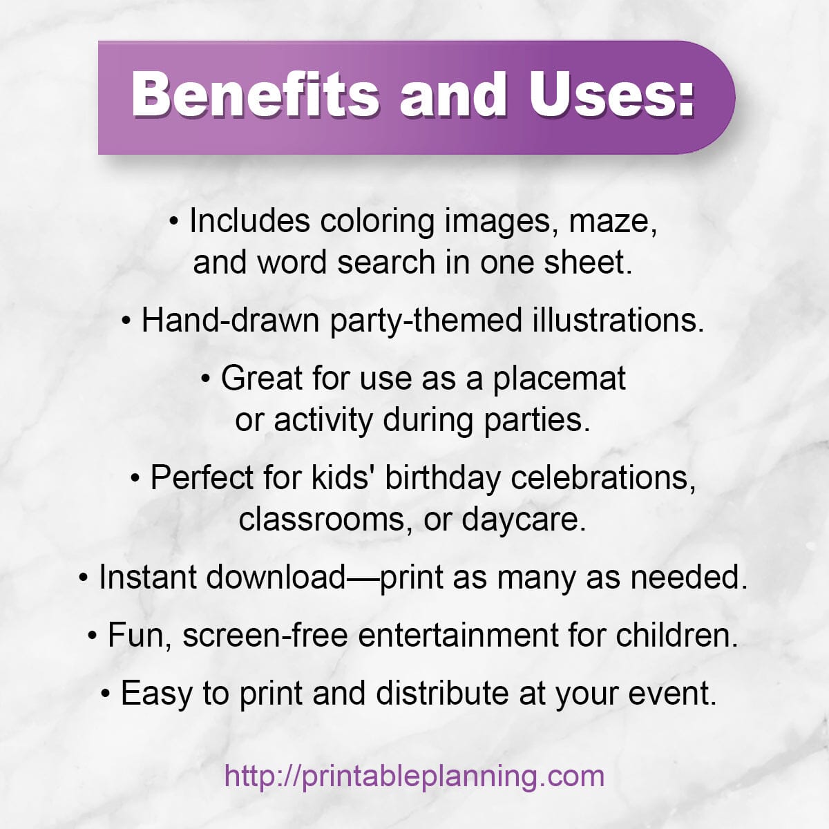 Text detailing the benefits and uses of a birthday party-themed activity sheet with coloring images, maze, and word search.