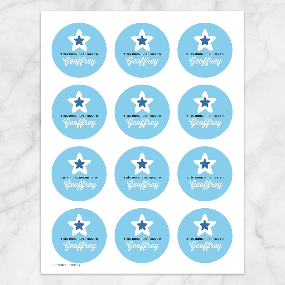 Printable Blue Star Personalized Bookplate Stickers at Printable Planning. Sheet of 12 stickers.