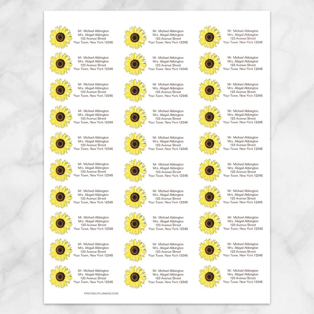 Printable Bright Happy Yellow Sunflower Address Labels at Printable Planning. Sheet with 30 labels.