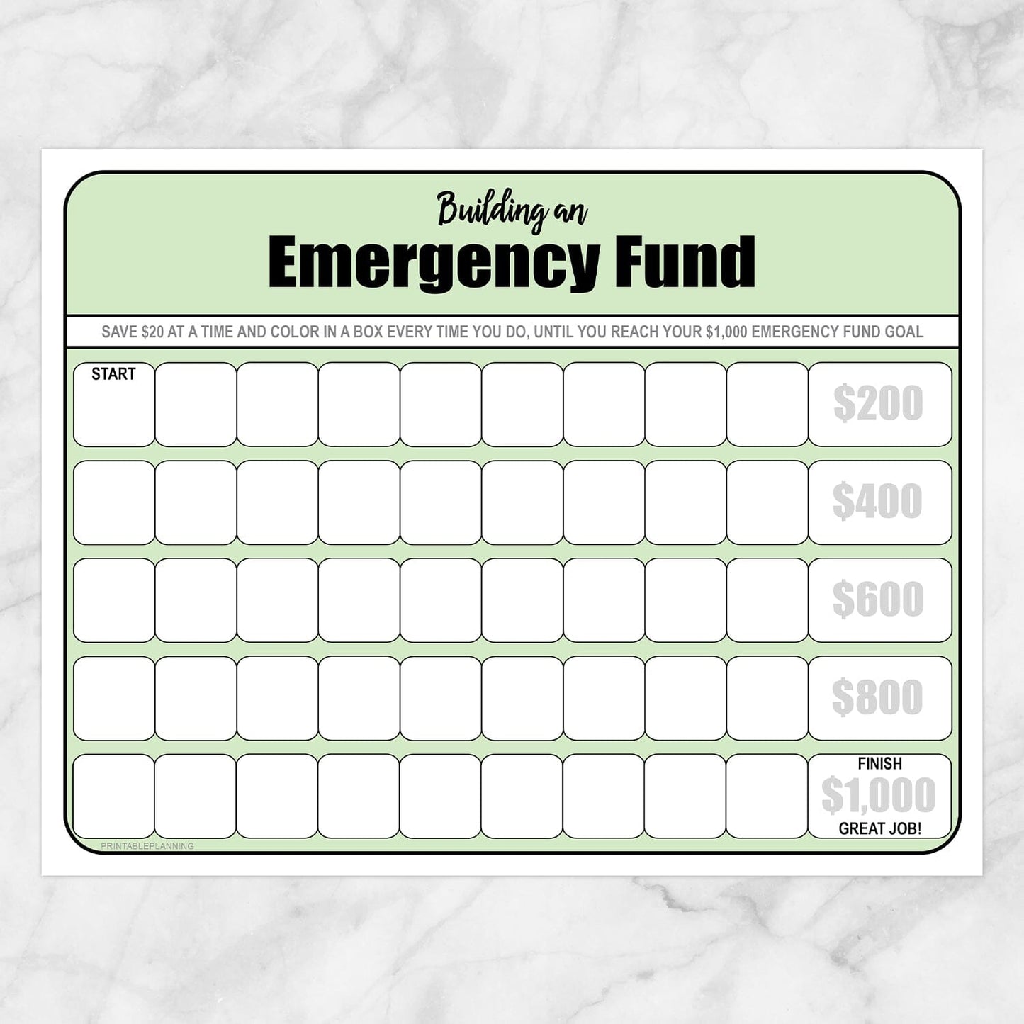Printable Building an Emergency Fund Worksheet in Green (by $20 increments) at Printable Planning.