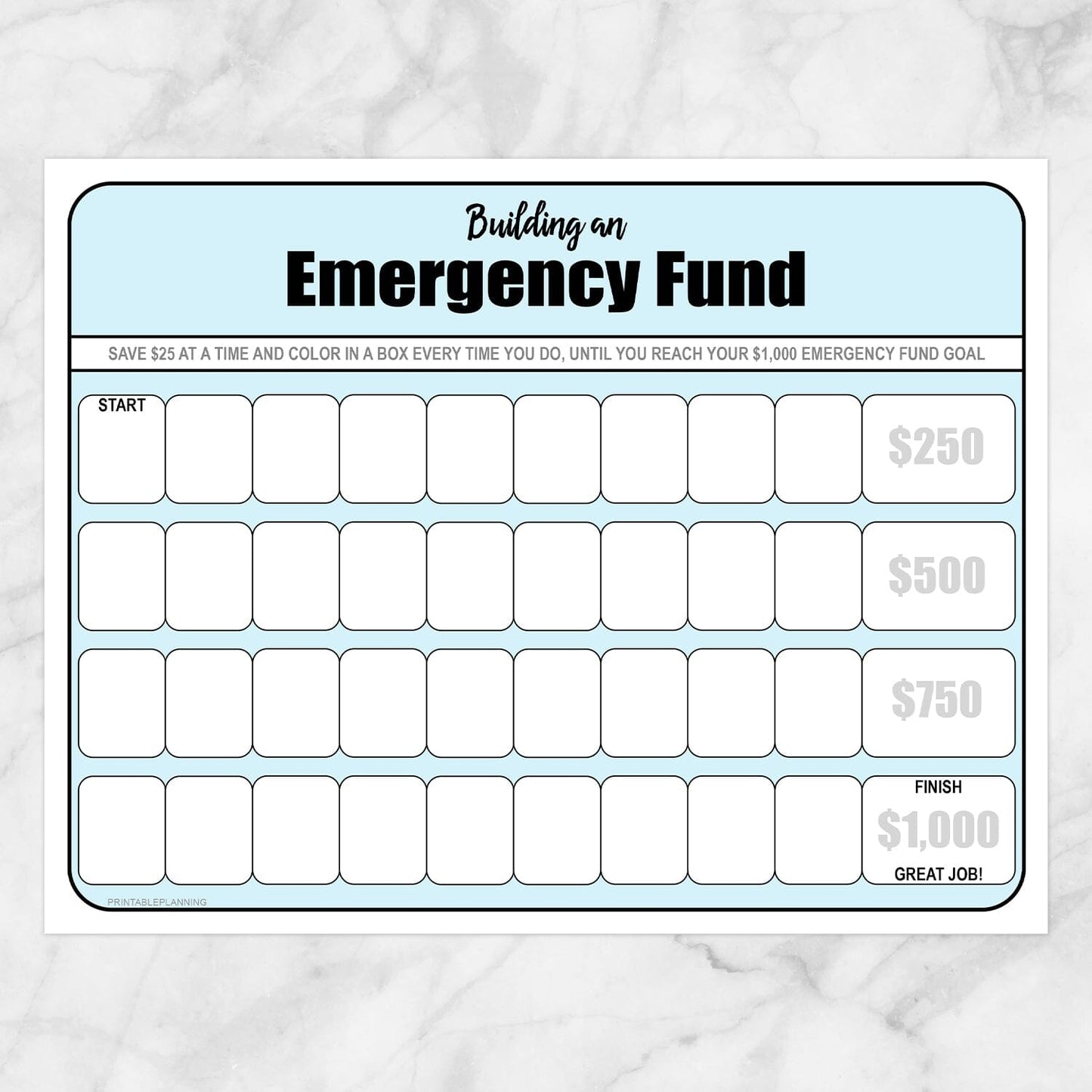 Printable Building an Emergency Fund Worksheet in Blue (by $25 increments) at Printable Planning.