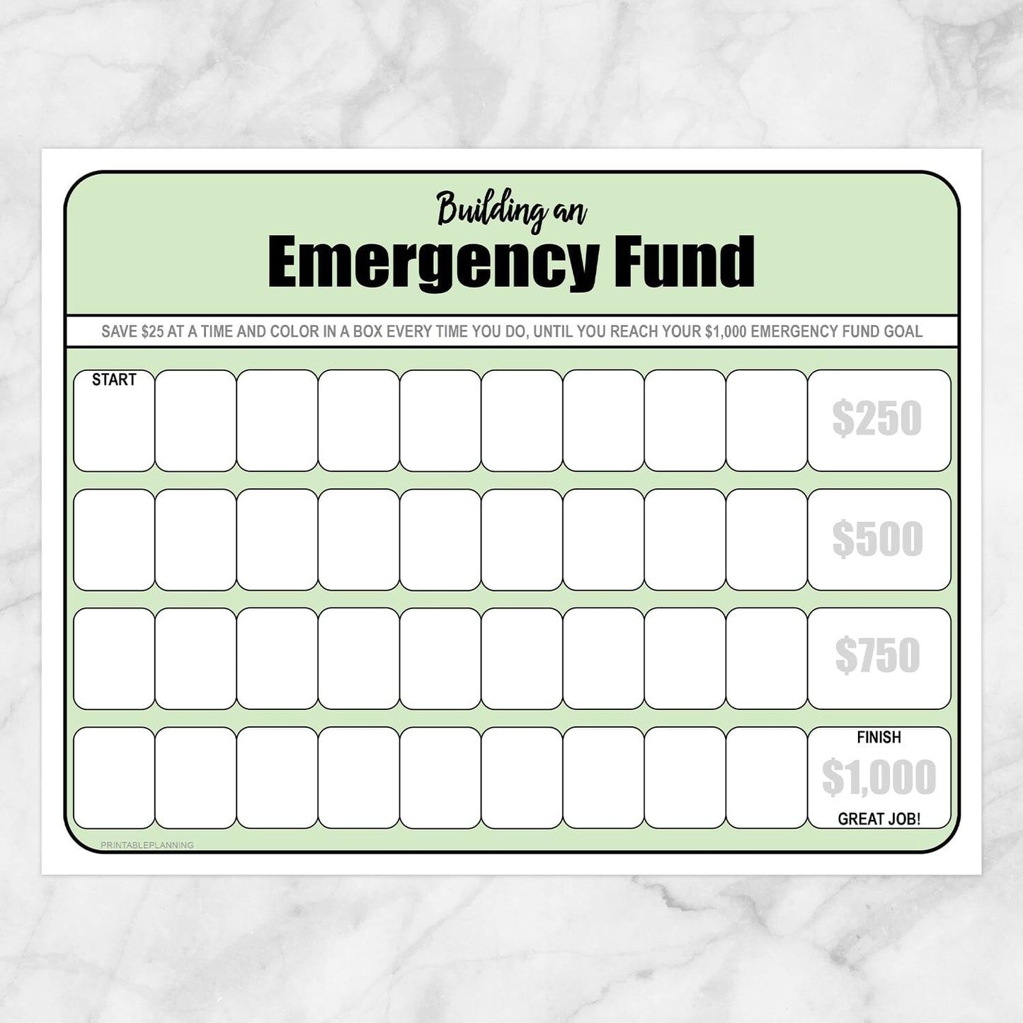 Printable Building an Emergency Fund Worksheet in Green (by $25 increments) at Printable Planning.