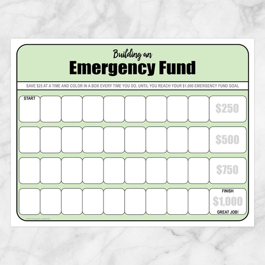 Printable Building an Emergency Fund Worksheet in Green (by $25 increments) at Printable Planning.