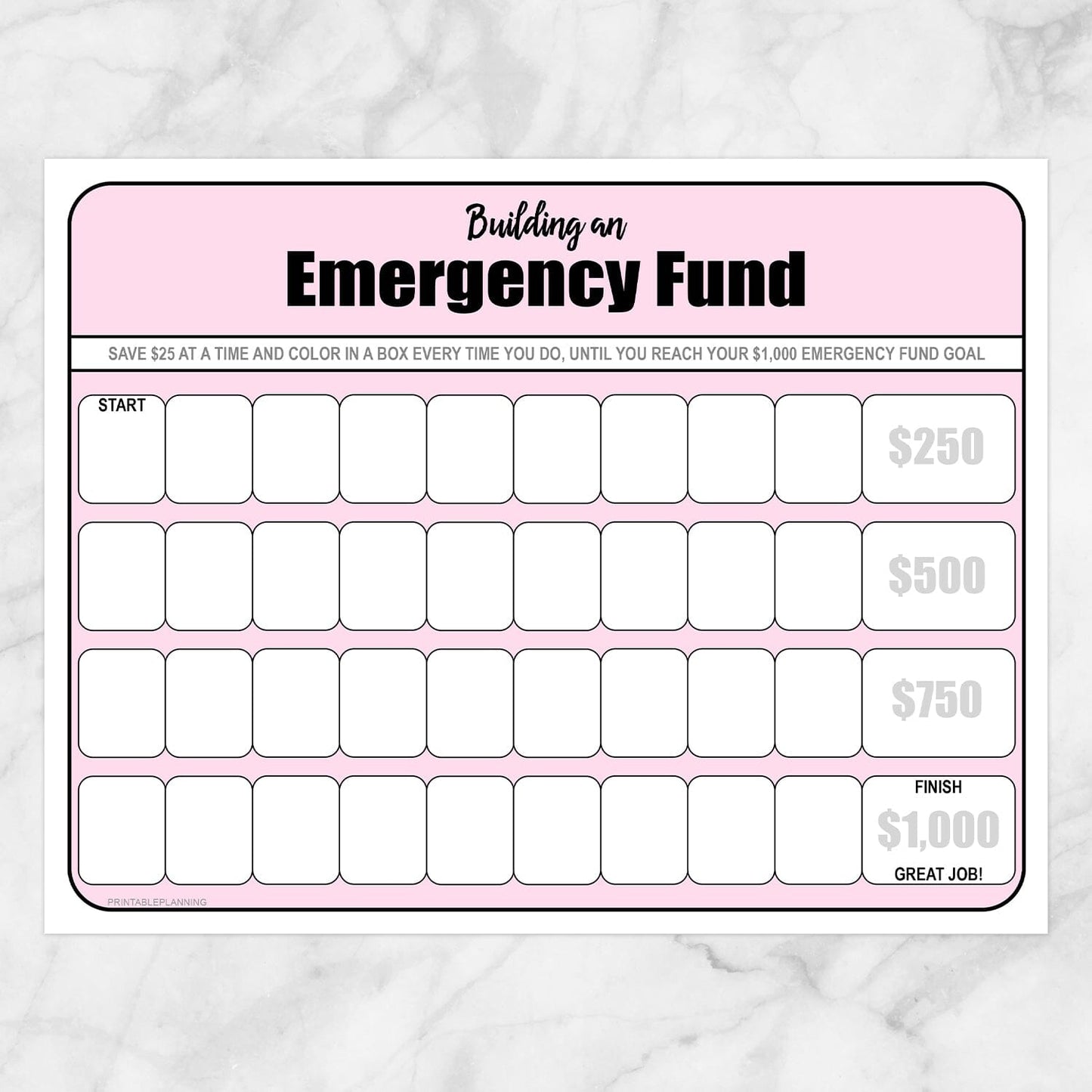 Printable Building an Emergency Fund Worksheet in Pink (by $25 increments) at Printable Planning.