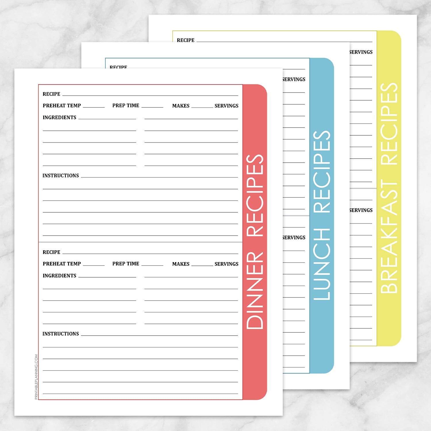 Printable Color Category Recipe Pages - Breakfast Lunch and Dinner 3-pack at Printable Planning.