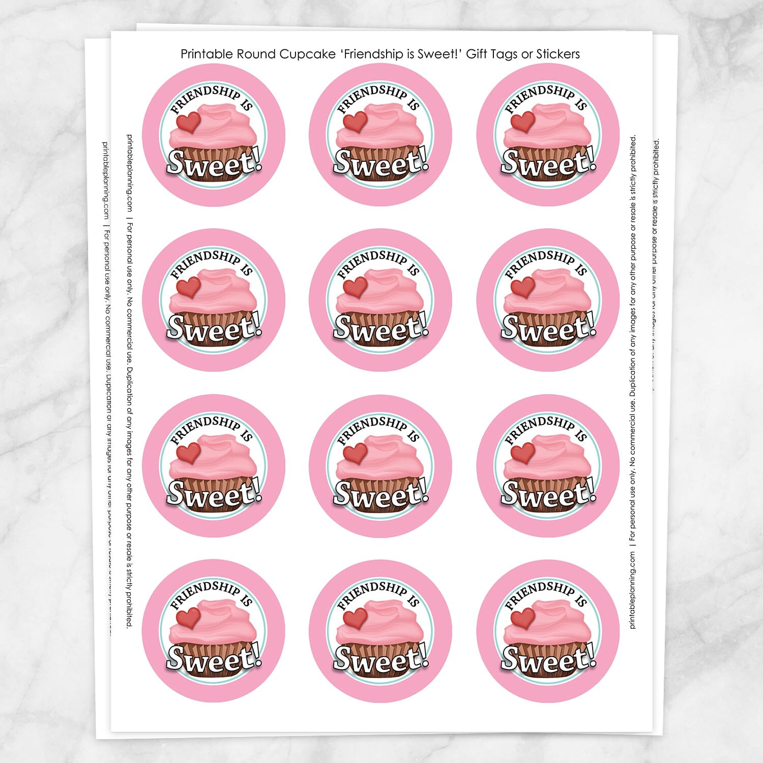 Printable Cupcake "Friendship is Sweet!" Favor Stickers at Printable Planning. Sheet of 12 stickers.