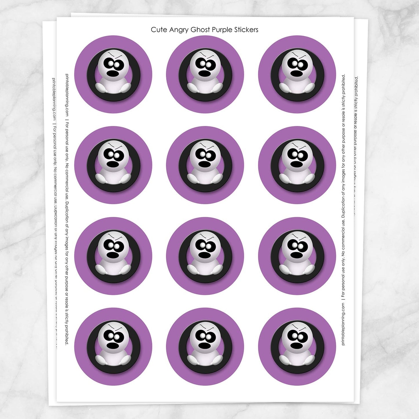 Printable Cute Angry Ghost Halloween Stickers in Purple at Printable Planning. Sheet of 12 stickers.