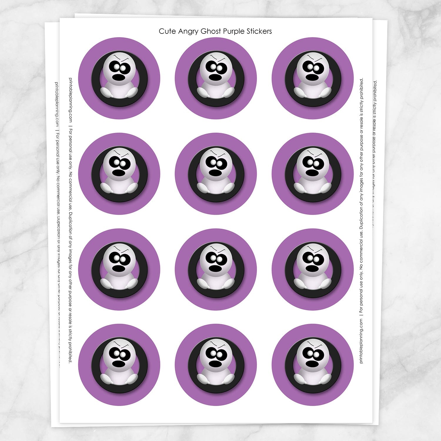 Printable Cute Angry Ghost Halloween Stickers in Purple at Printable Planning. Sheet of 12 stickers.