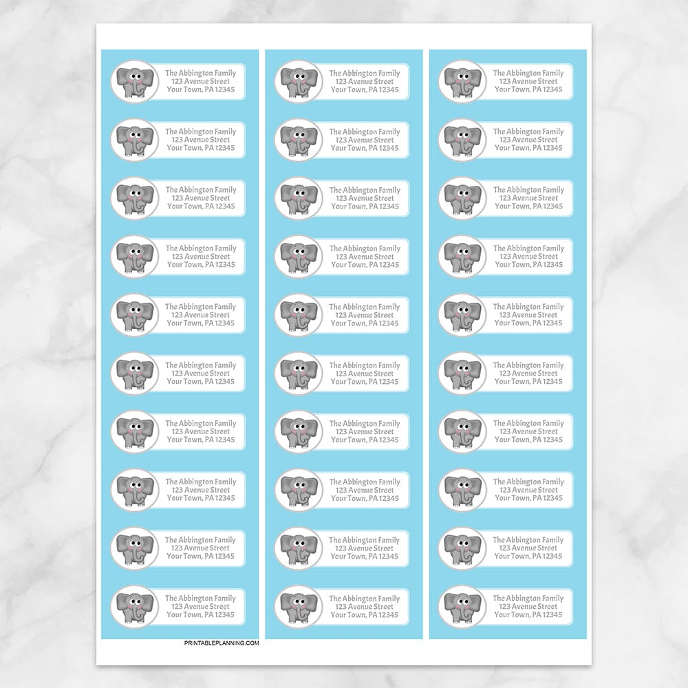 Printable Cute Elephant Blue Background Address Labels at Printable Planning. Sheet of 30 labels.