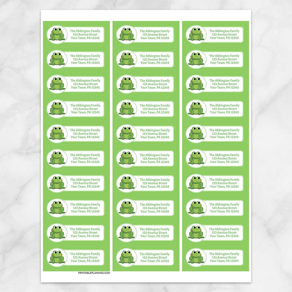 Printable Cute Frog Green Background Address Labels at Printable Planning. Sheet of 30 labels.