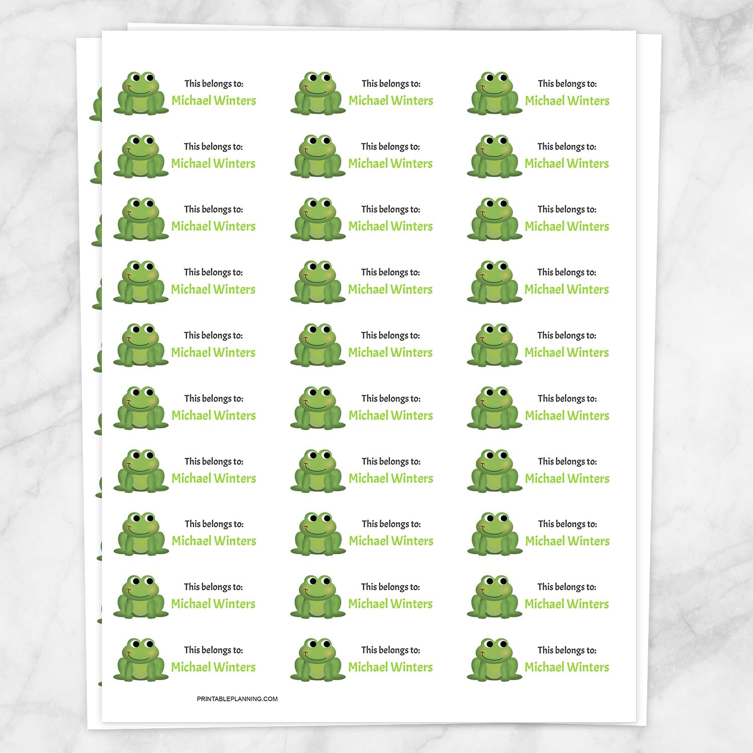 Printable Cute Frog Name Labels for School Supplies at Printable Planning. Sheet of 30 labels.