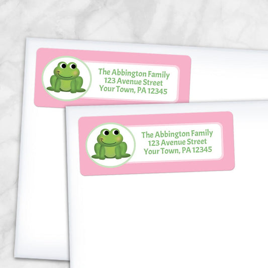 Printable Cute Frog Pink Background Address Labels at Printable Planning. Shown on envelopes. 