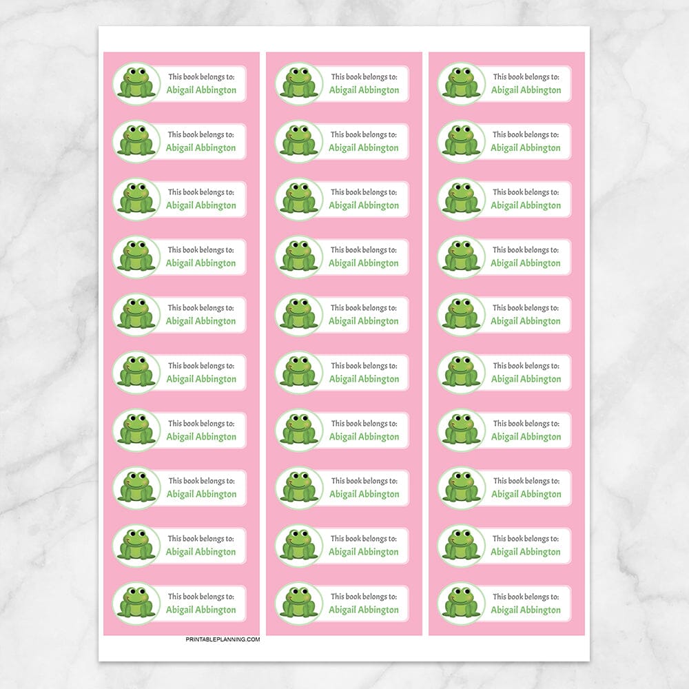 Printable Cute Frog Pink Bookplate Labels for Name Labeling Books at Printable Planning. Sheet of 30 labels.