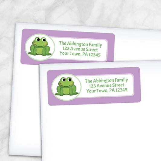 Printable Cute Frog Purple Background Address Labels at Printable Planning. Shown on envelopes.