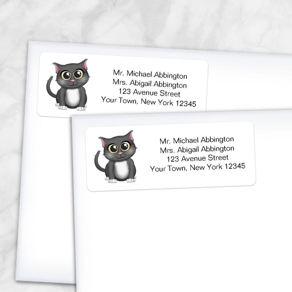 Printable Cute Gray Cat Address Labels at Printable Planning. Shown on envelopes.