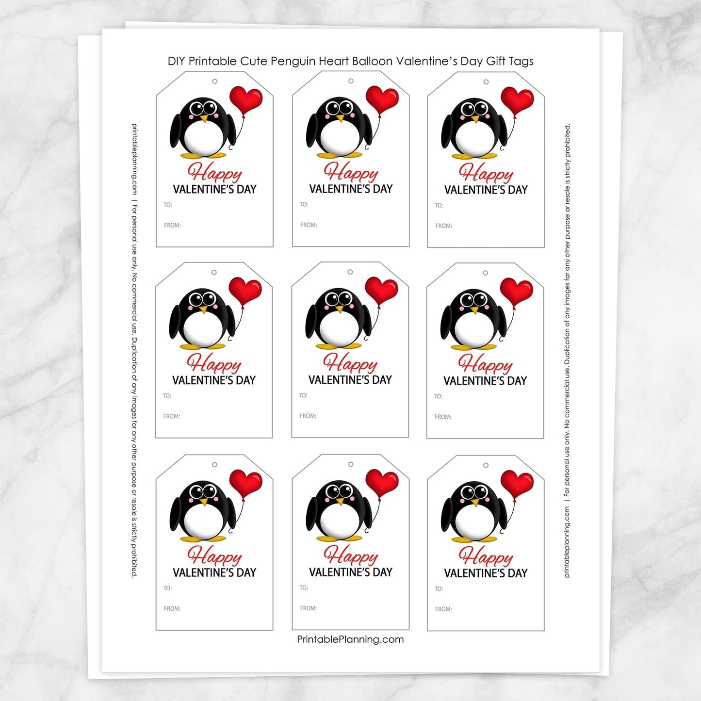 Printable Cute Penguin Heart Balloon Valentine's Day Gift Tags at Printable Planning. Sheet of 9 gift tags.