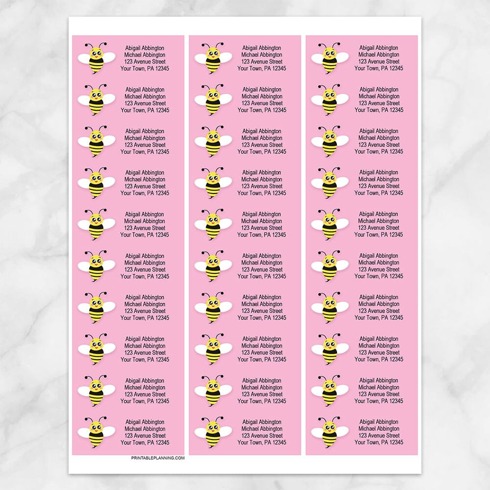 Printable Cute Pink Bee Address Labels at Printable Planning. Sheet of 30 labels.