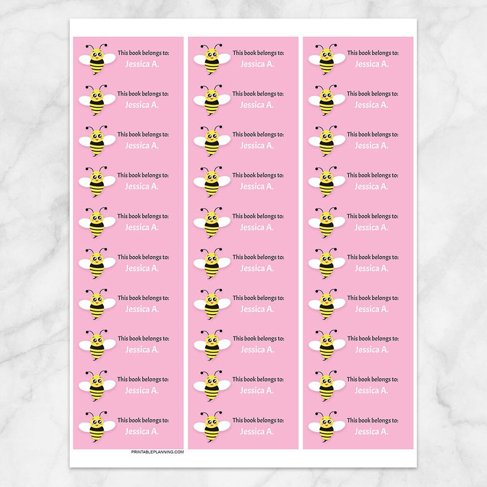 Printable Cute Pink Bee Bookplate Labels for Name Labeling Books at Printable Planning. Sheet of 30 labels.