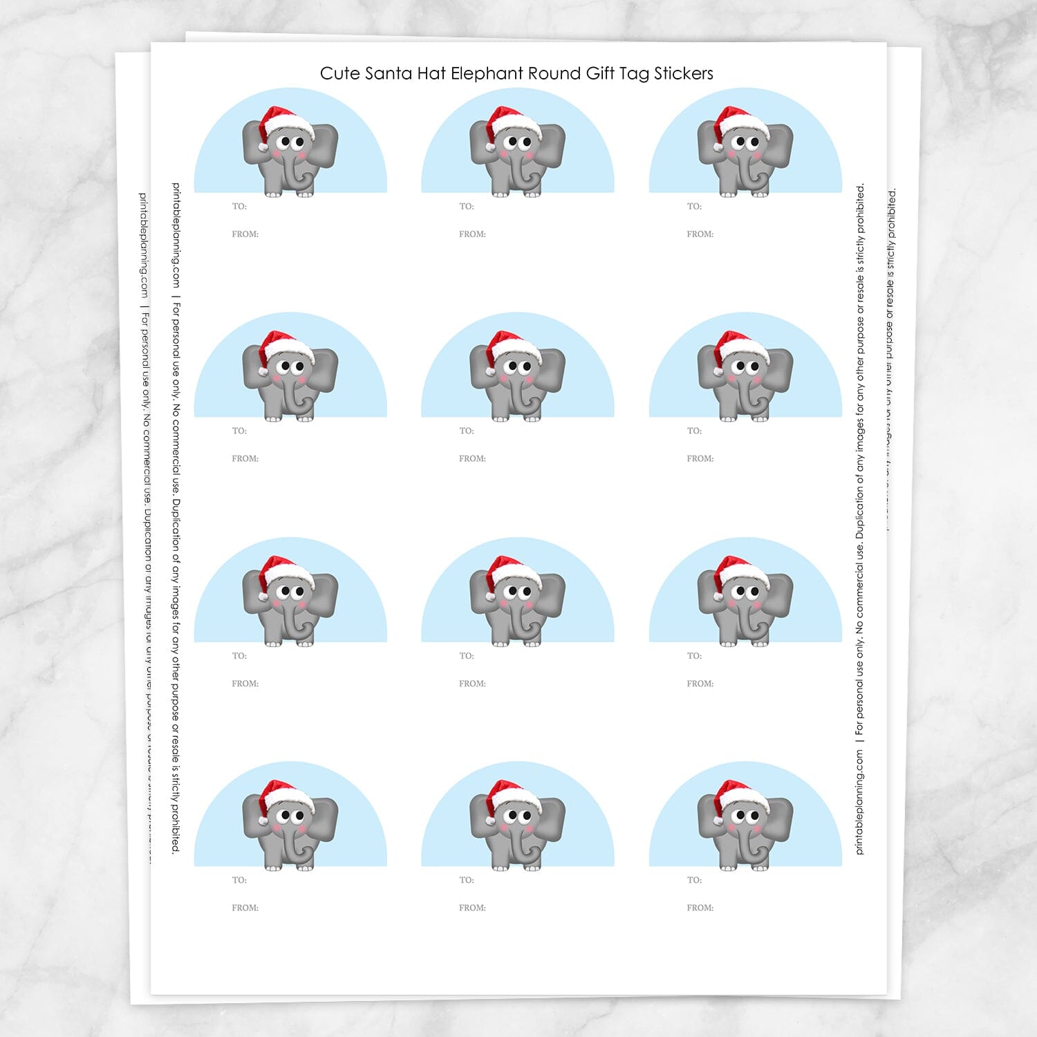 Printable Cute Santa Hat Elephant Gift Tag Stickers at Printable Planning. Sheet of 12 stickers.