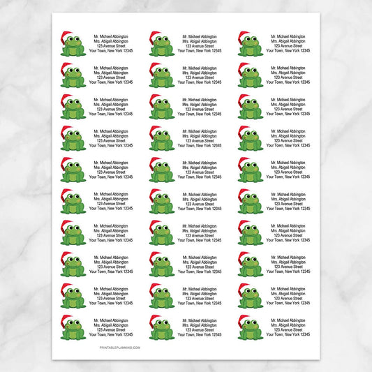Printable Cute Santa Hat Frog Address Labels at Printable Planning. Sheet of 30 labels.