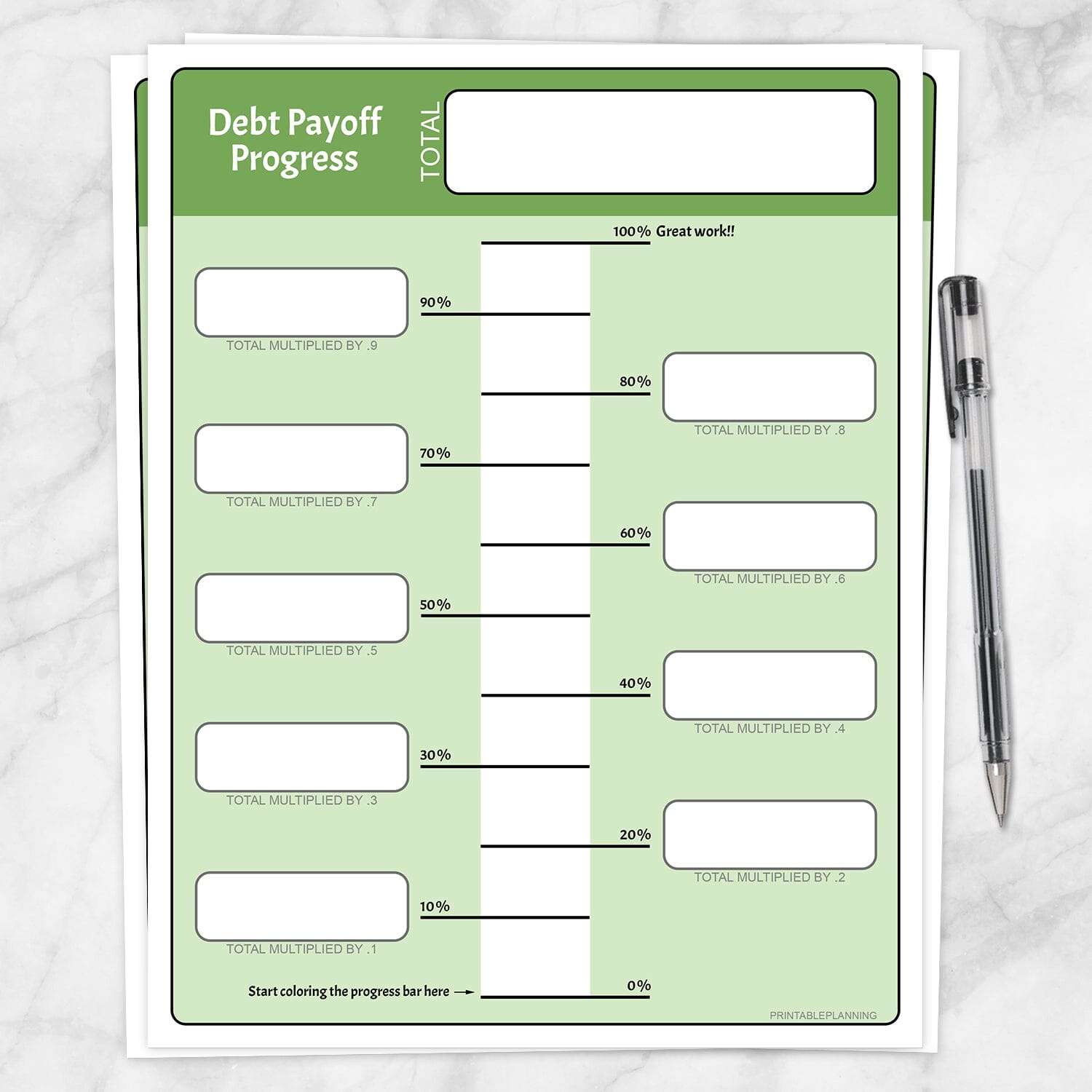 Debt Payoff Progress Bar Worksheets in Green - Printable at Printable Planning for only 5.95 debt-payoff-progress-bar-worksheets-in-green-printable-at-printable-planning-for-only-5-95