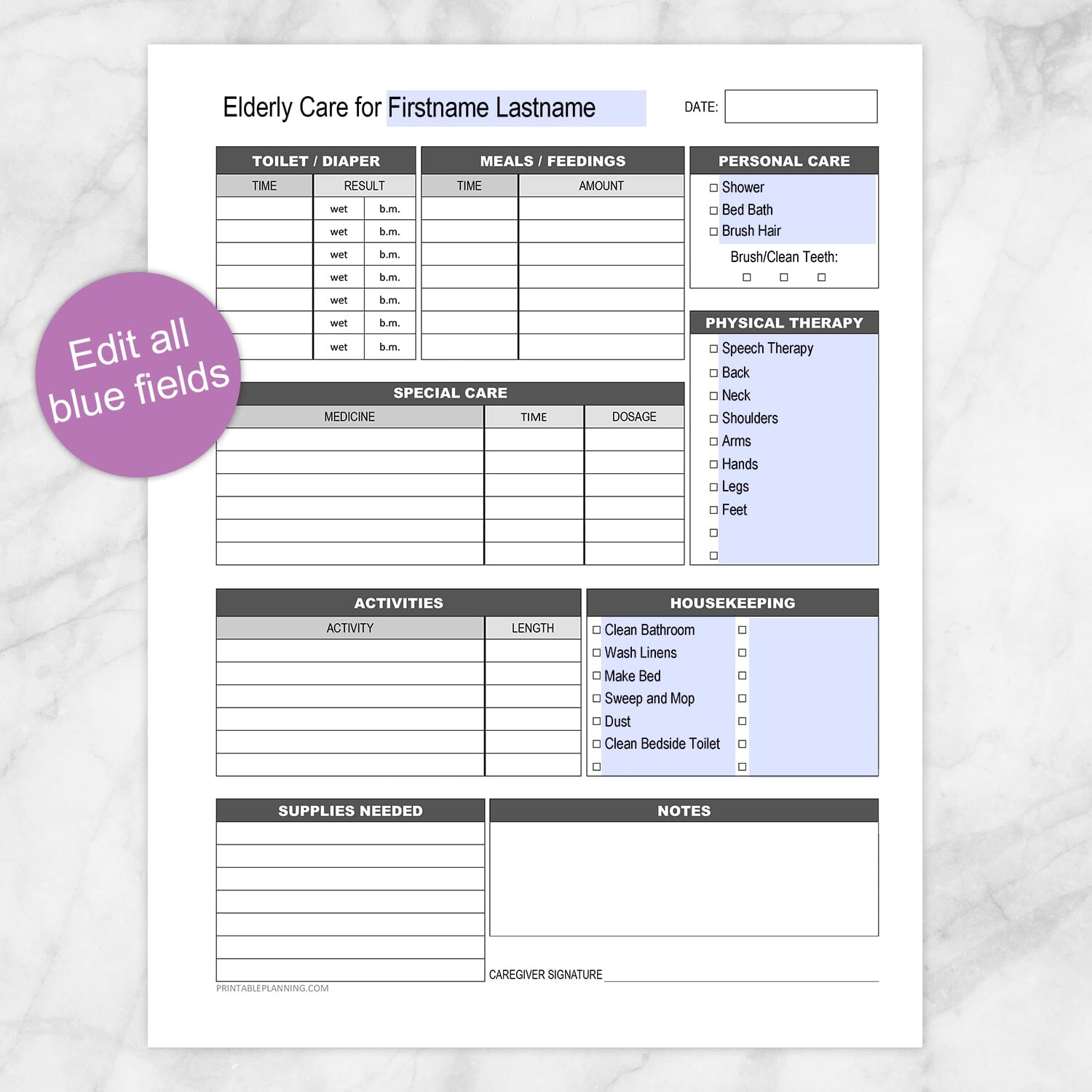 Printable Elderly Care, Daily Care Sheet with Housekeeping at Printable Planning. Edit all blue fields in a PDF app.