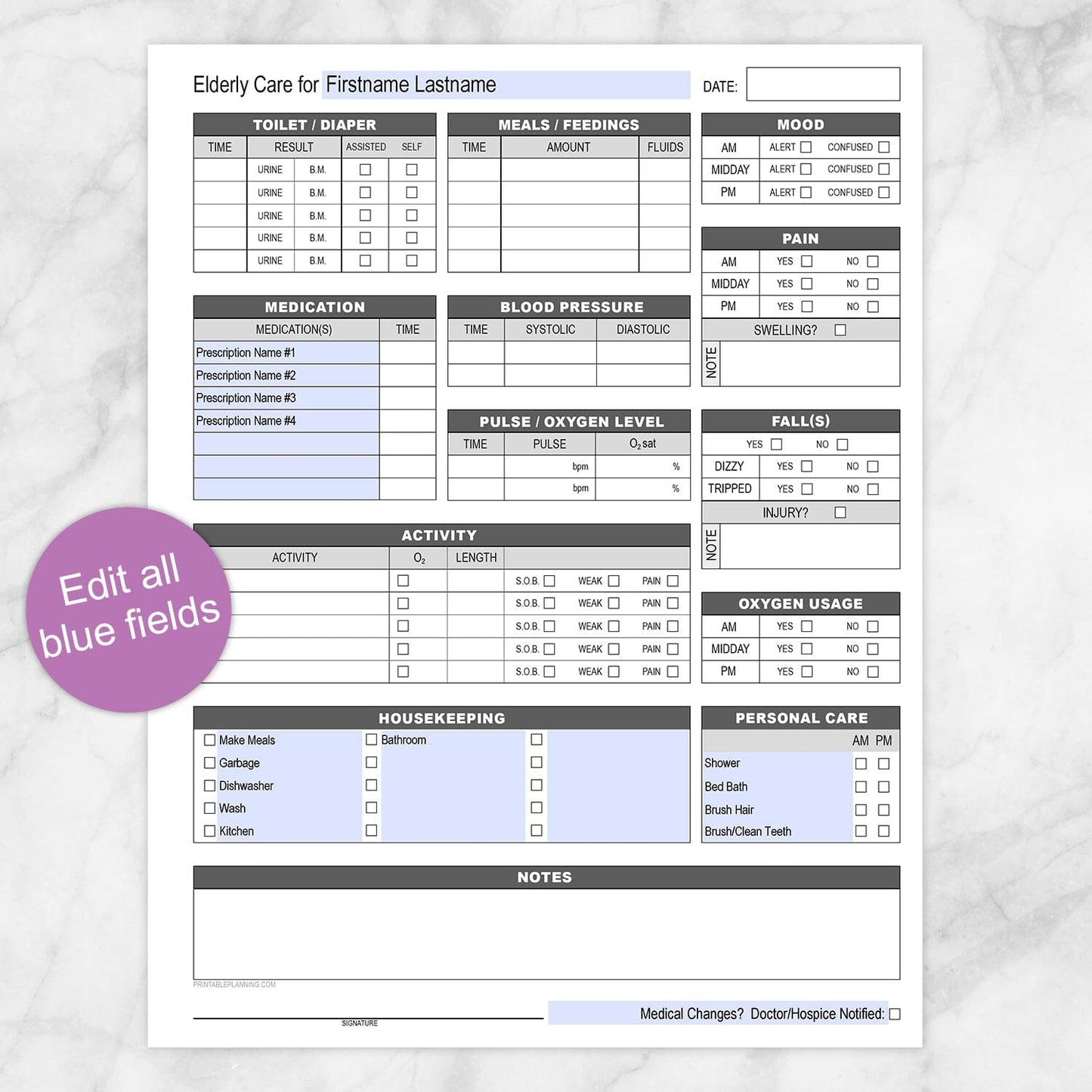 Printable Elderly Care, Daily Care Sheet with Alertness Housekeeping at Printable Planning. Edit all the blue fields of text. 