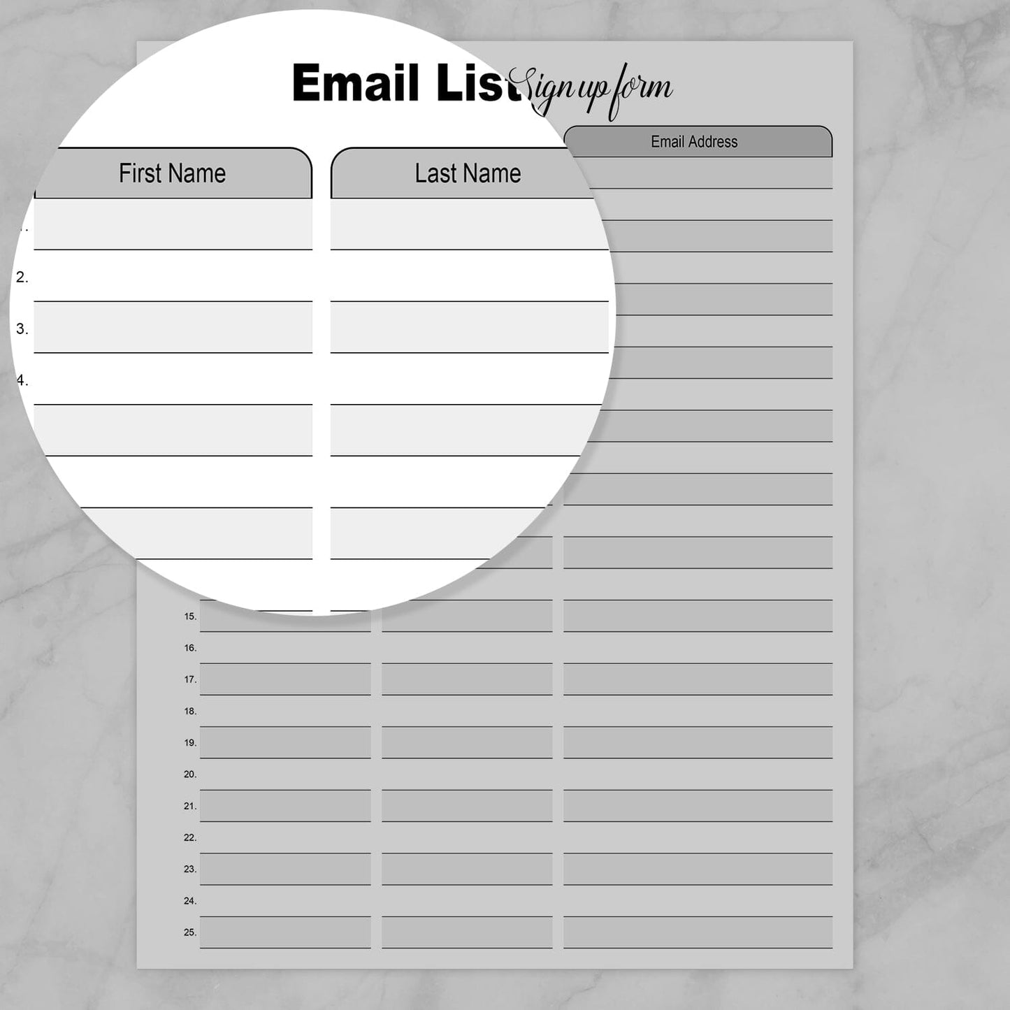 Image zoomed in on the First Name and Last Name columns on the Email List - Sign Up Form