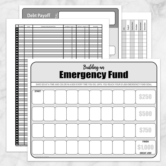 Printable Financial BUNDLE: Bill Payment, Transaction Register, Emergency Fund, Debt Payoff pages at Printable Planning.