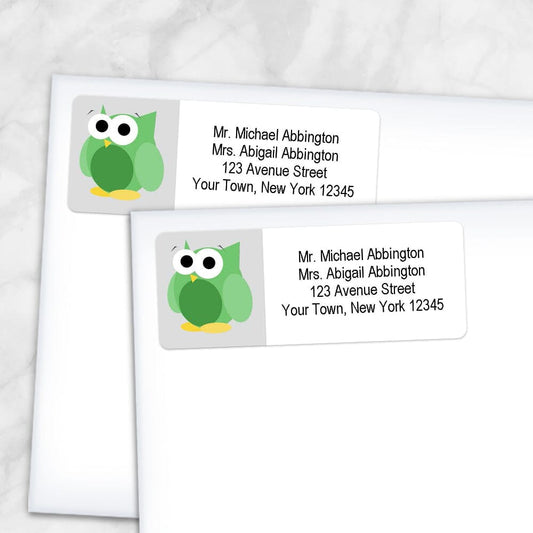 Printable Funny Cute Green Owl Address Labels at Printable Planning. Shown on envelopes.