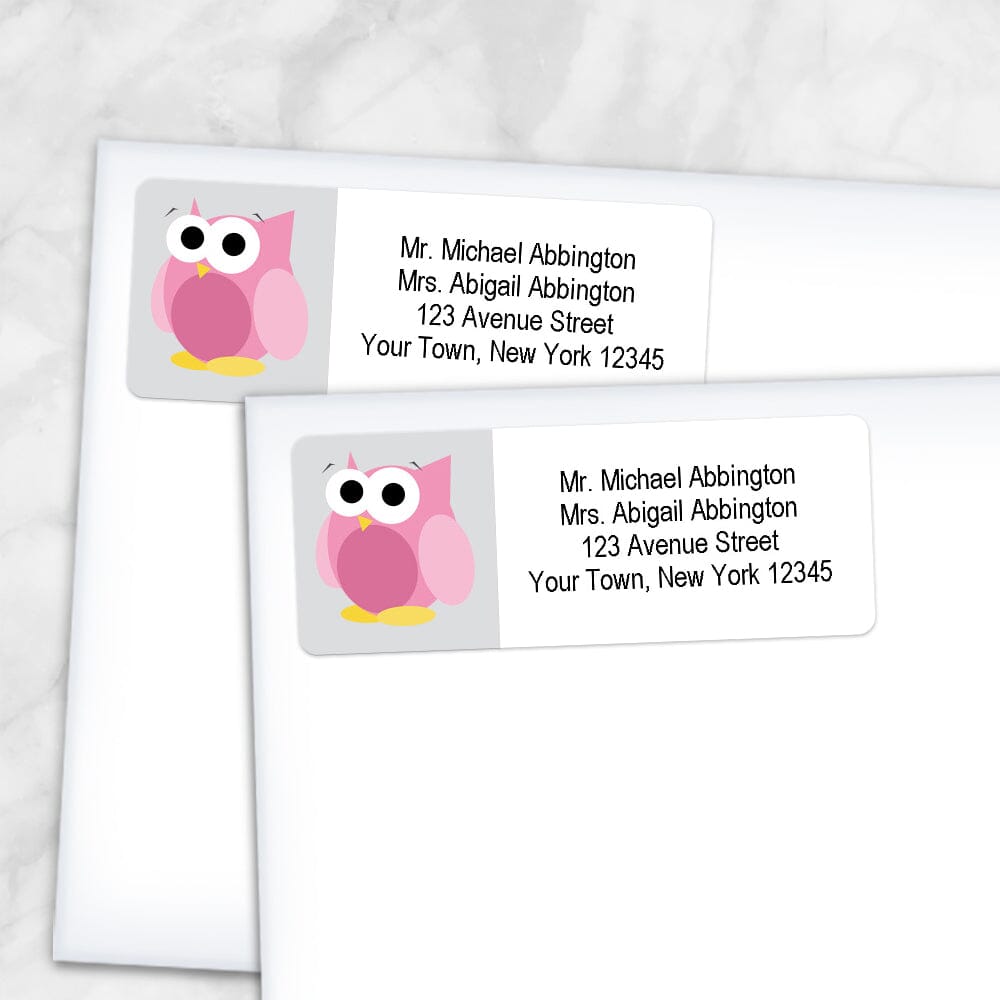 Printable Funny Cute Pink Owl Address Labels at Printable Planning. Shown on envelopes.