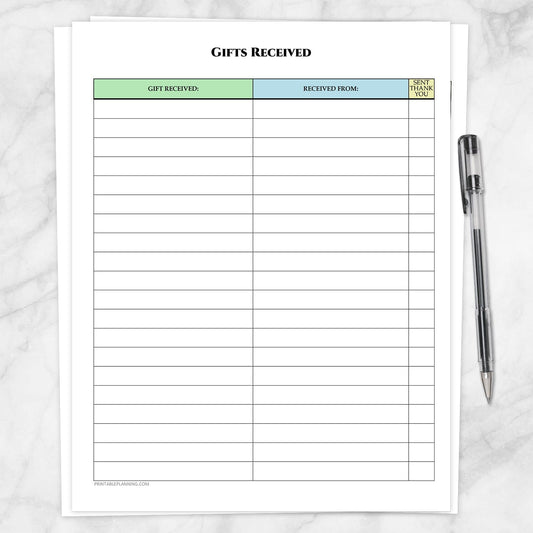 Printable Gifts Received List - Occasion Organizer at Printable Planning.