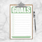 Printable Goals - Green Half Page Checklist at Printable Planning. Photo shows half page size on a mini clipboard.